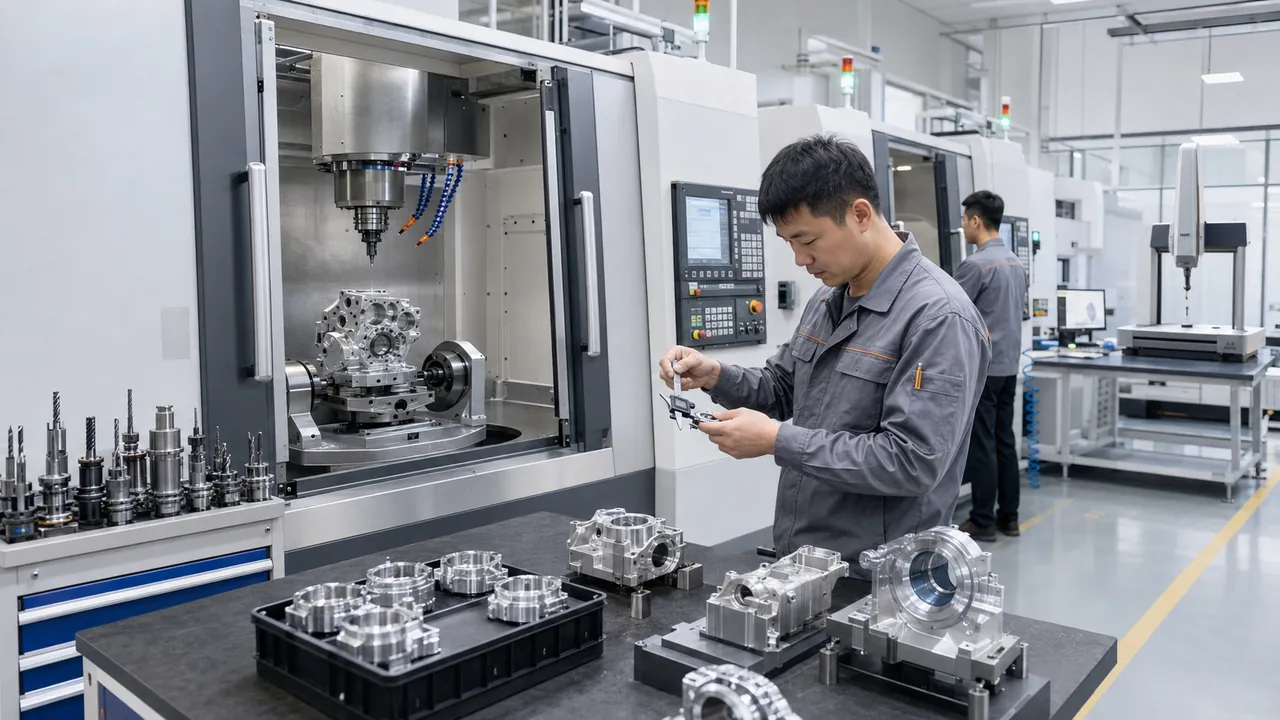 机加工车间里,操作员在加工中心旁用卡尺检测工件